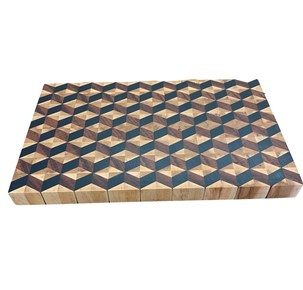 Custom Crafted 3D Tigerwood Cube Cutting Board handcrafted by Fifeco Woodworks