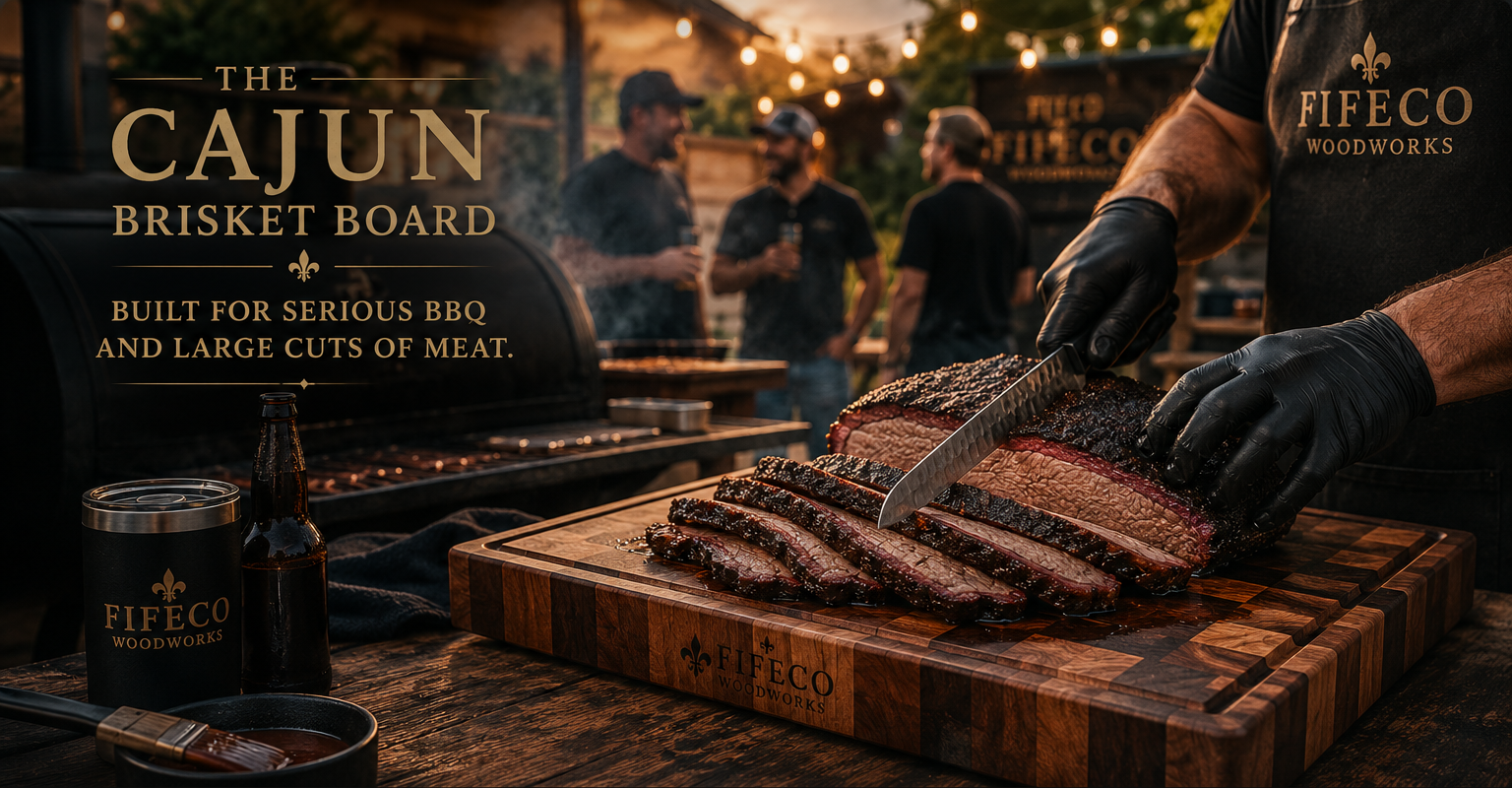 The Cajun Brisket Board being used to slice brisket in an outdoor BBQ setting