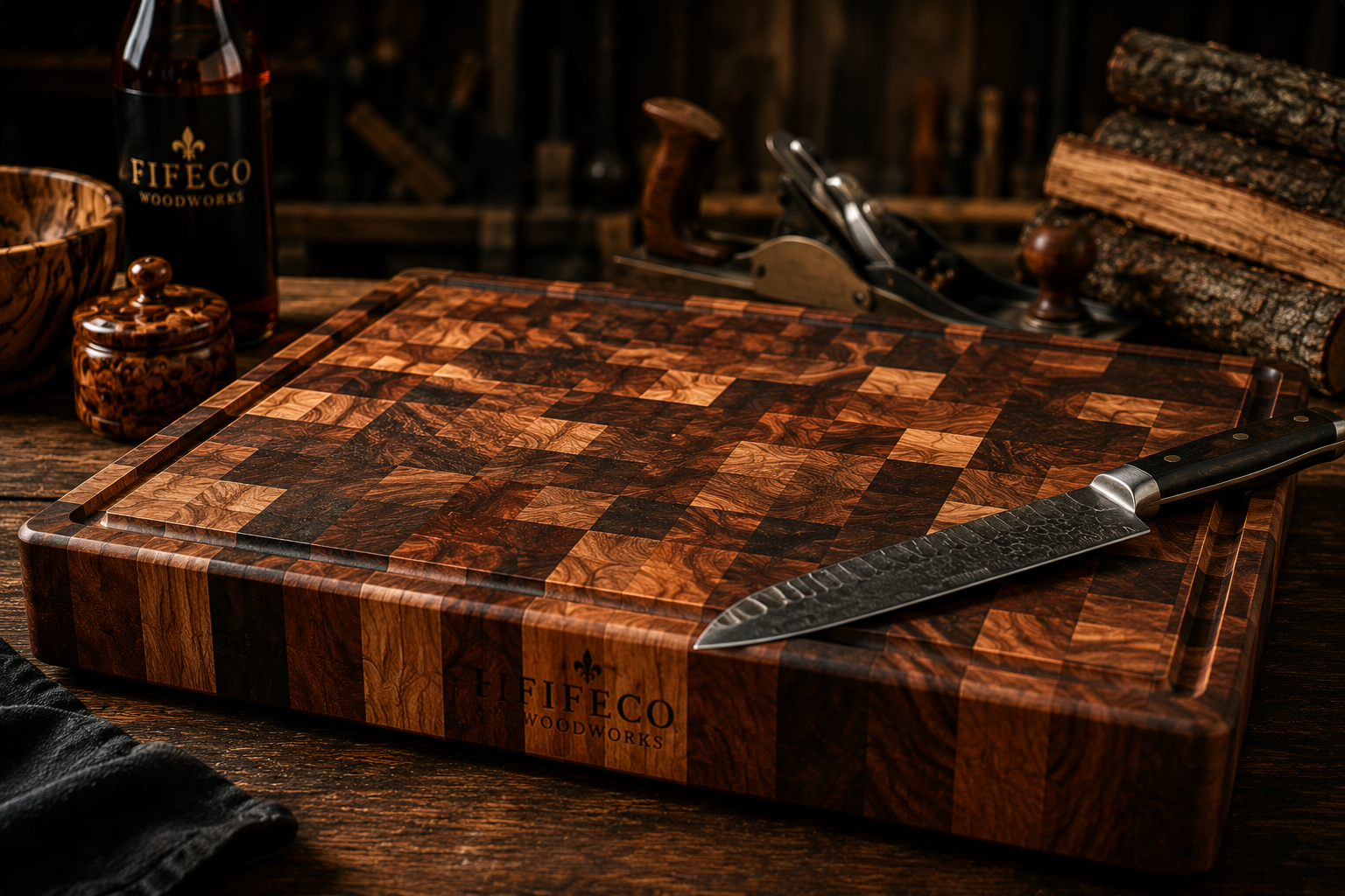 Close-up of the end grain construction and thick hardwood craftsmanship of The Cajun Brisket Board