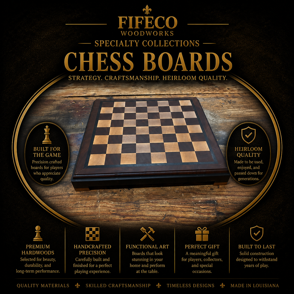 Custom handcrafted hardwood chess boards by Fifeco Woodworks in Walker, Louisiana