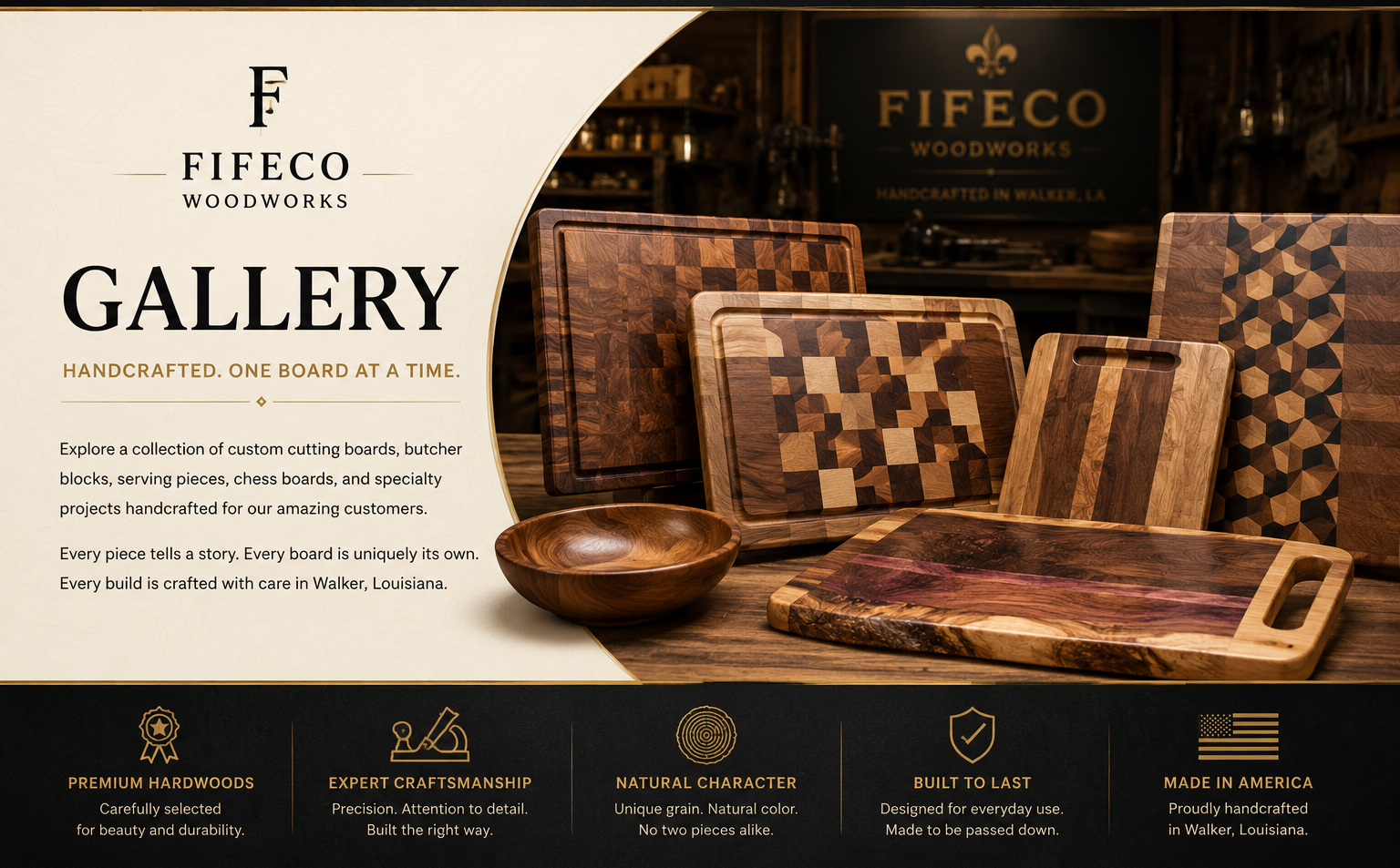 Gallery of handcrafted hardwood cutting boards and custom wood projects by Fifeco Woodworks