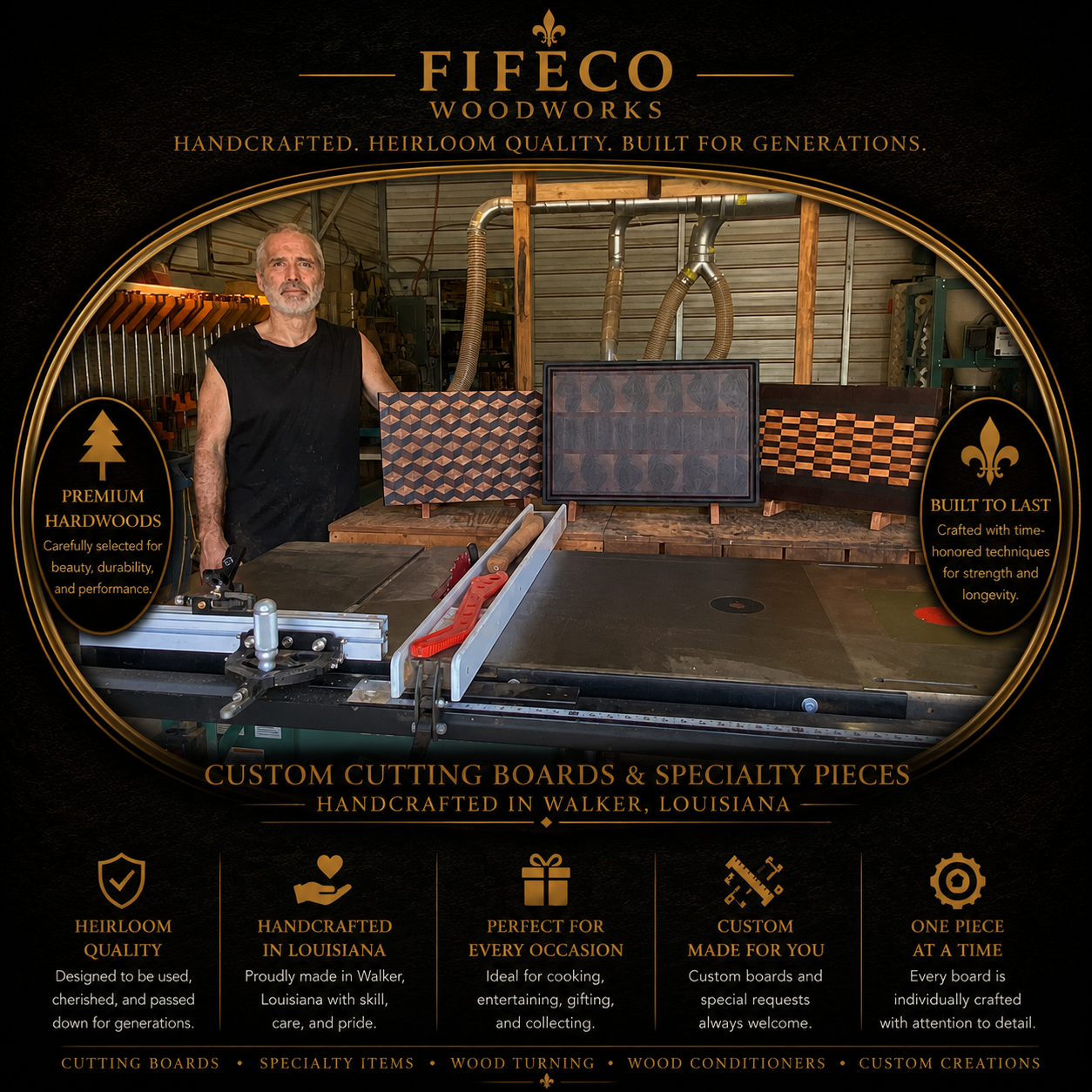 Fifeco Woodworks handcrafted cutting boards, butcher blocks, wood turning, and custom hardwood creations made in Walker, Louisiana