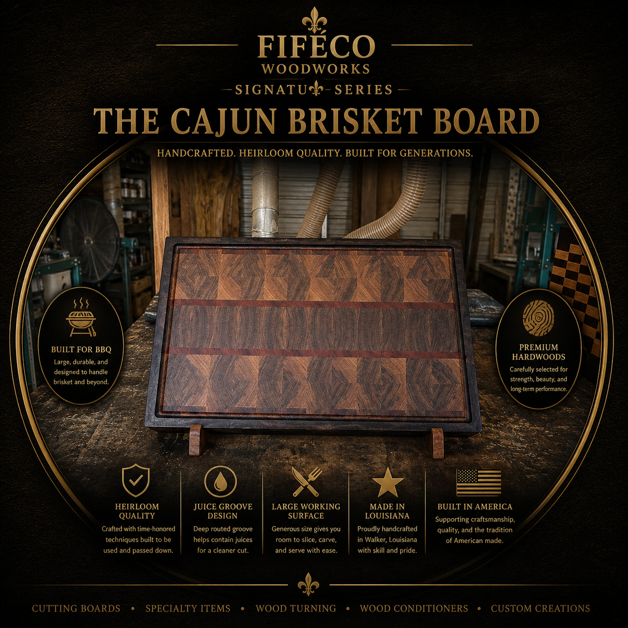 The Cajun Brisket Board in an outdoor BBQ setting with sliced brisket