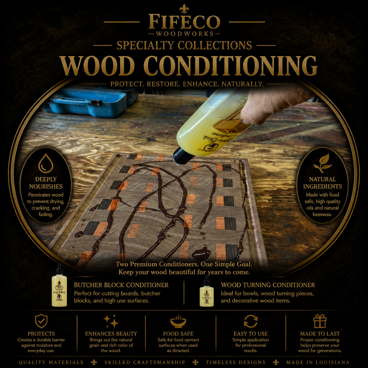 Wood conditioners for handcrafted cutting boards, butcher blocks, and wooden kitchenware from Fifeco Woodworks